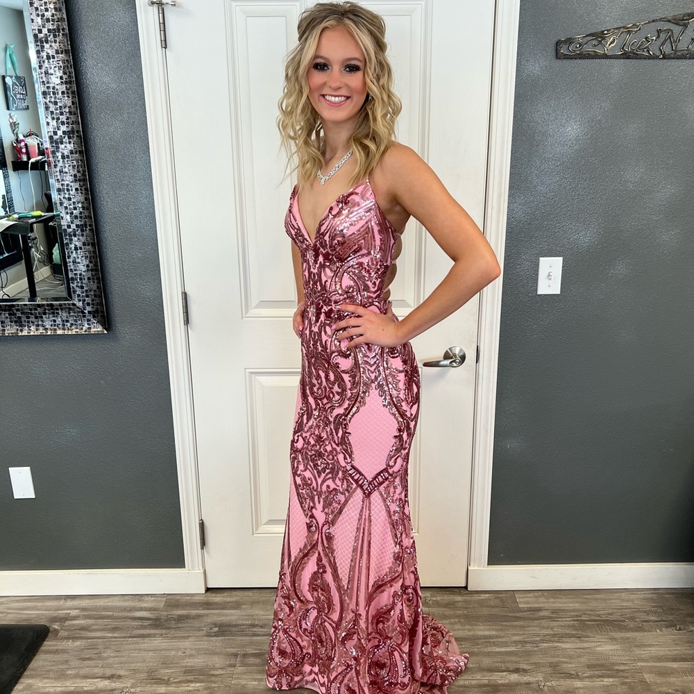 Mori Lee Pink Sequined Prom Dress